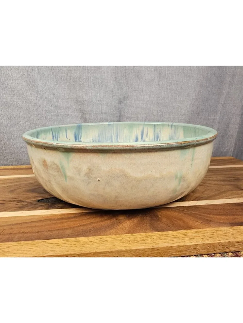 Cowans Pottery Arden N.C. Large Blue Green Drip Glaze Ceramic Mixing Bowl 12 In